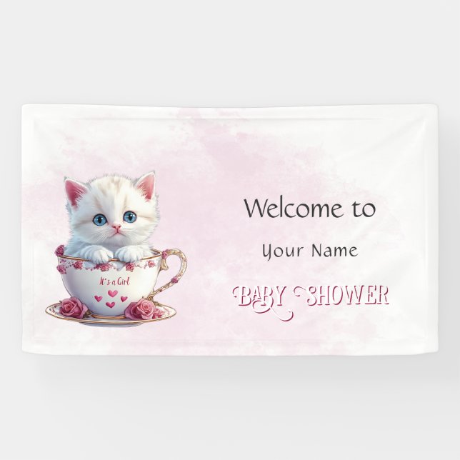 Kätzchen im Cup Pink Blume Kinderdusche Banner (Horizontal)