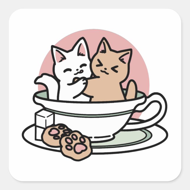 Kätzchen im Pokal knuddeln - Adorable Tea Time Quadratischer Aufkleber (Vorderseite)