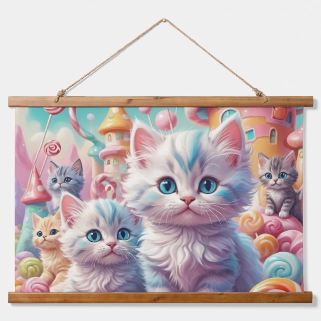 Kätzchen in Candy Land Tapestry Wandteppich Mit Holzrahmen (Vorne)