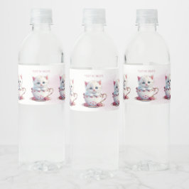 Kätzchen in Cup Pink Blume Wasser Flasche Etikett
