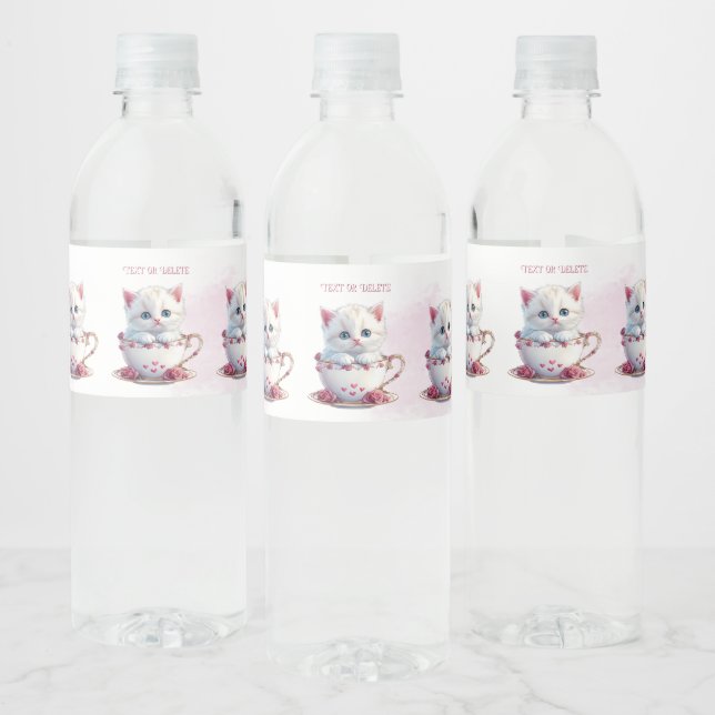 Kätzchen in Cup Pink Blume Wasser Flasche Etikett (Flaschen)