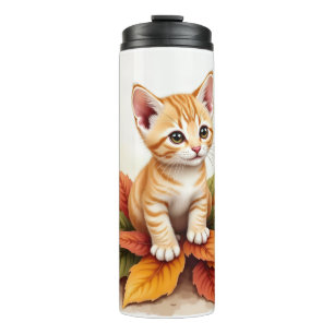 Kätzchen in einem Blatt-Haufen-Thermal-Tumbler Thermosbecher