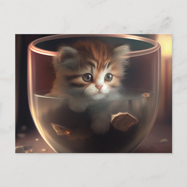 Kätzchen in einem transparenten Teacup - Katzenpos Postkarte (Vorderseite)