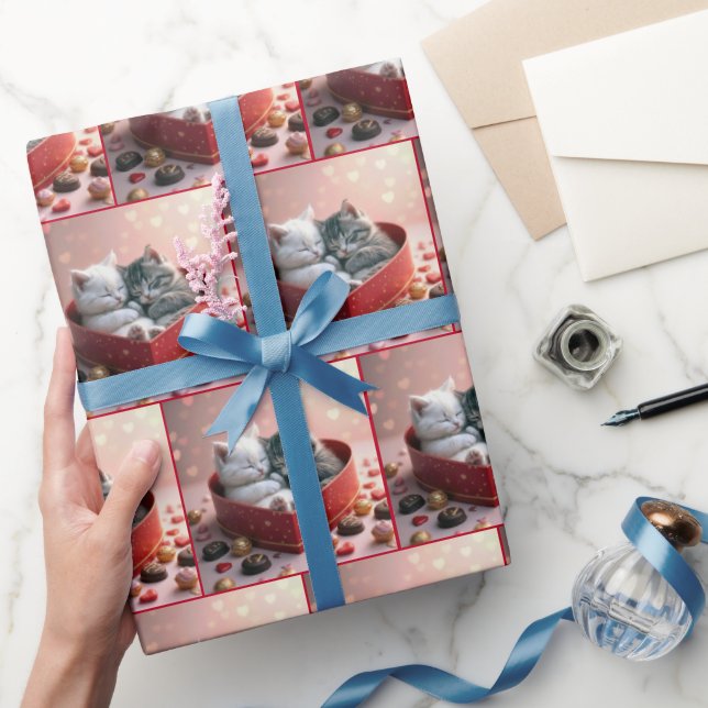 Kätzchen in einer Schachtel mit rotem Herz Geschenkpapier (Schenken)