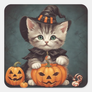 Kätzchen in Halloween-Kostüm und Jack-O'-Lantern Quadratischer Aufkleber