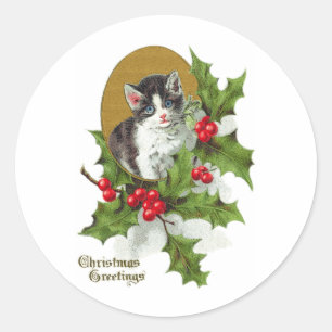 Kätzchen in Holly Vintage Weihnachten (H.SandyReli Runder Aufkleber