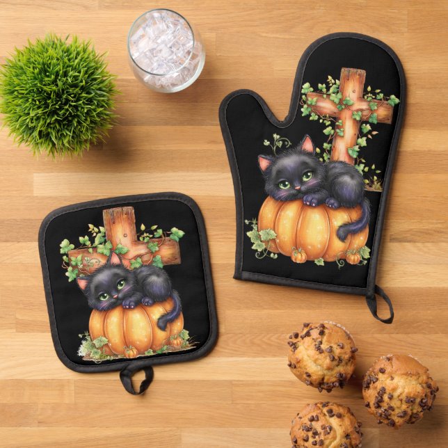 Kätzchen in Kürbiskröte Ofenhandschuh & Topflappen-Set (Oben Unten)