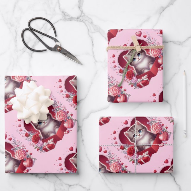 Kätzchen in Schachtel mit Blume und Geschenken Geschenkpapier Set (Vorderseite)