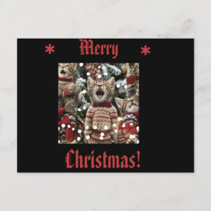 Kätzchen in Sweaters singen am Weihnachtsbaum 3 Feiertagspostkarte