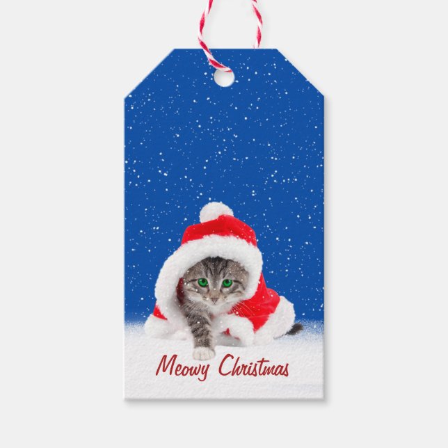 Kätzchen in Weihnachtsmannmütze und Schneeflocken Geschenkanhänger (Vorderseite)