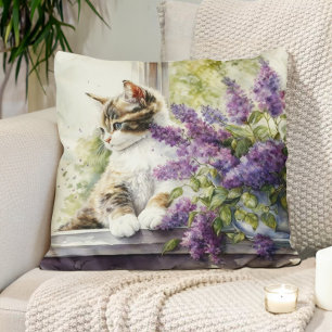Kätzchen Katze Lavendel Blumen Fenster Sonnenlicht Kissen