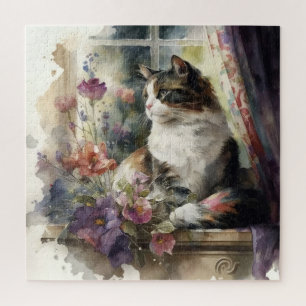 Kätzchen Katze Lila Blumen Fenster Sonnenlicht
