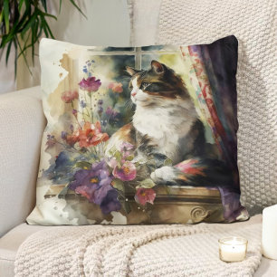 Kätzchen Katze Lila Blumen Fenster Sonnenlicht Kissen