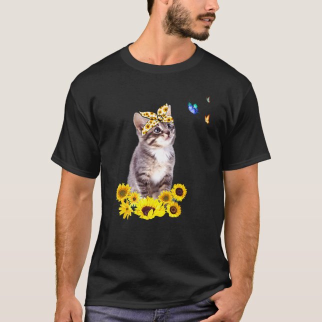 Kätzchen mit Sonnenblume Kopfbogen Butterfly Katze T-Shirt (Vorderseite)