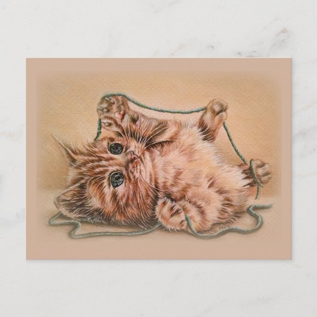 Kätzchen mit zeichnend Garn, Kunstdarstellung für  Postkarte (Vorderseite)