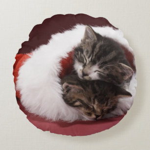 Kätzchen schlafend zusammen im Weihnachtshut Rundes Kissen