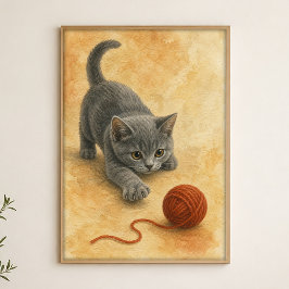 Kätzchen schlägt einen Garnball Aquarellposter Poster