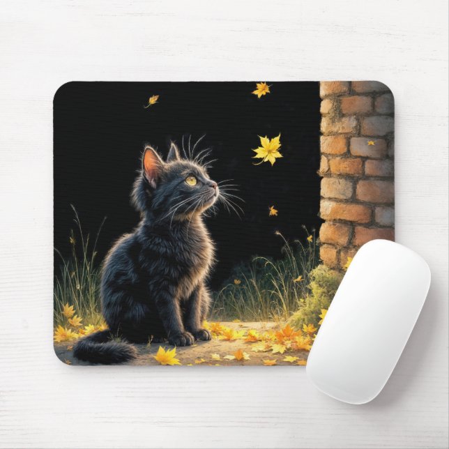 Kätzchen sieht ein fallendes Herbstblatt Mousepad (Mit Mouse)