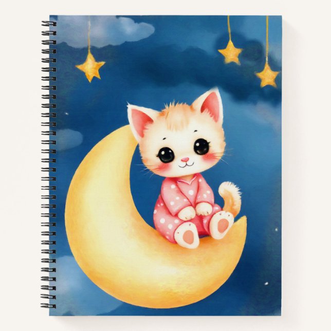 Kätzchen sitzt auf dem Mond Notizbuch (Vorderseite)