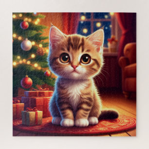 Kätzchen sitzt neben leuchtendem Weihnachtsbaum
