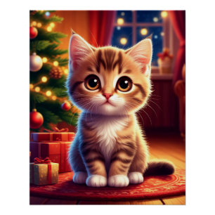 Kätzchen sitzt neben leuchtendem Weihnachtsbaum Poster