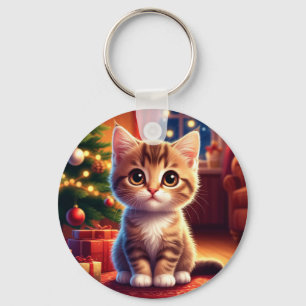 Kätzchen sitzt neben leuchtendem Weihnachtsbaum Schlüsselanhänger