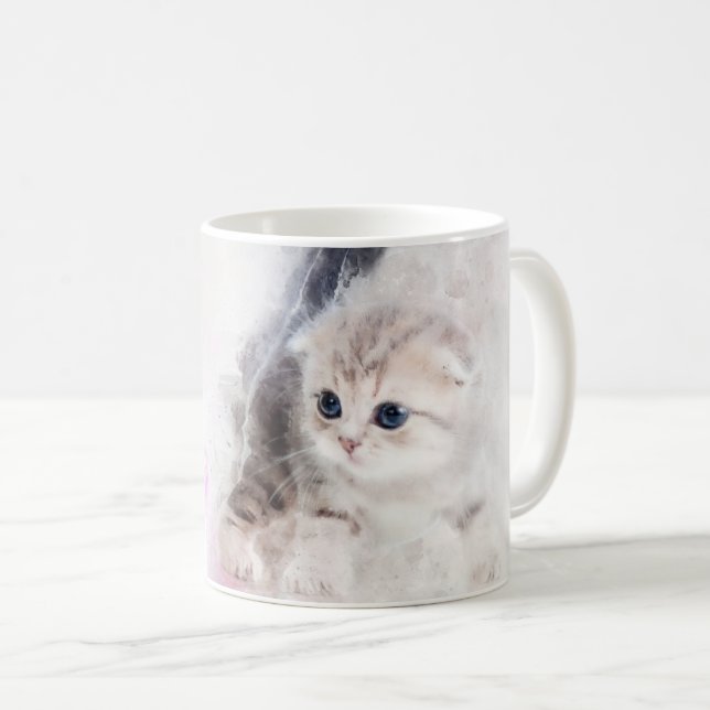 Kätzchen spielen mit rosa Garnkugel Aquarell Kaffeetasse (VorderseiteRechts)