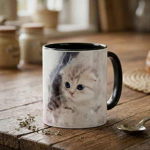 Kätzchen spielt mit einem rosa Garnball Aquarell Tasse