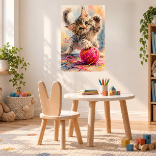 Kätzchen spielt mit rosa Garn Katzenliebhaber Poster
