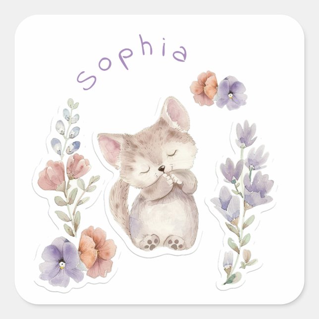 Kätzchen und Blume, personalisiert Quadratischer Aufkleber (Vorderseite)