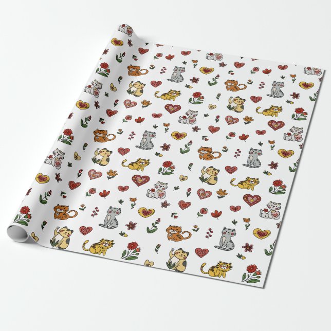Kätzchen und Herz-Umschlagpapier Geschenkpapier (Ungerollt)