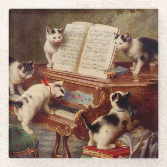 Kätzchen und Klavier Glasuntersetzer (Vorderseite)
