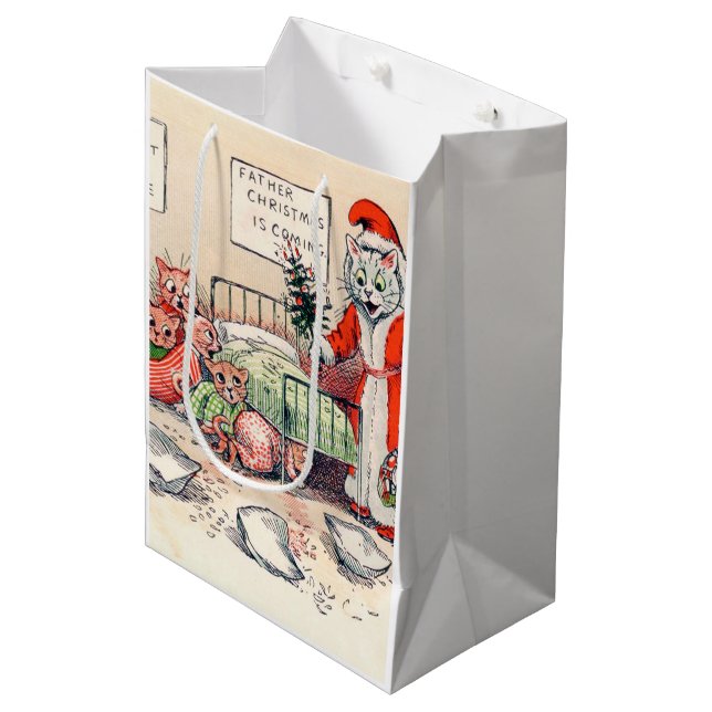 Kätzchen und Santa Cat, Louis-Wain-Geschenktasche Mittlere Geschenktüte (Vorderseite Schrägansicht)