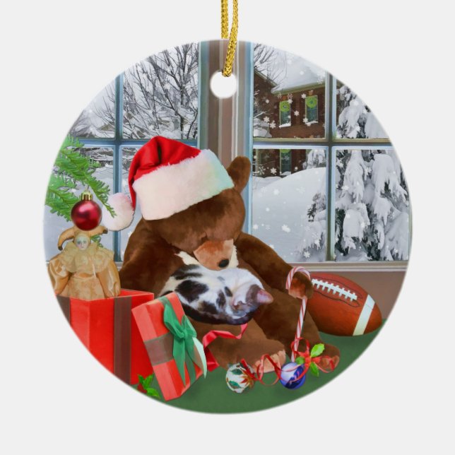 Kätzchen-und Teddybär-Weihnachtstraum-Verzierung Keramik Ornament (Vorne)
