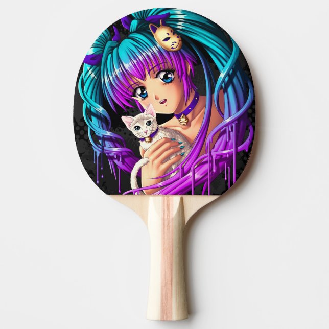Kätzchen und Zopf Manga Mädchen Tischtennis Schläger (Vorderseite)