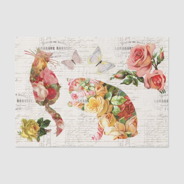 Kätzchen Vintag Rosa Gelbe Rosen Französisches Gew Seidenpapier (Vorderseite)