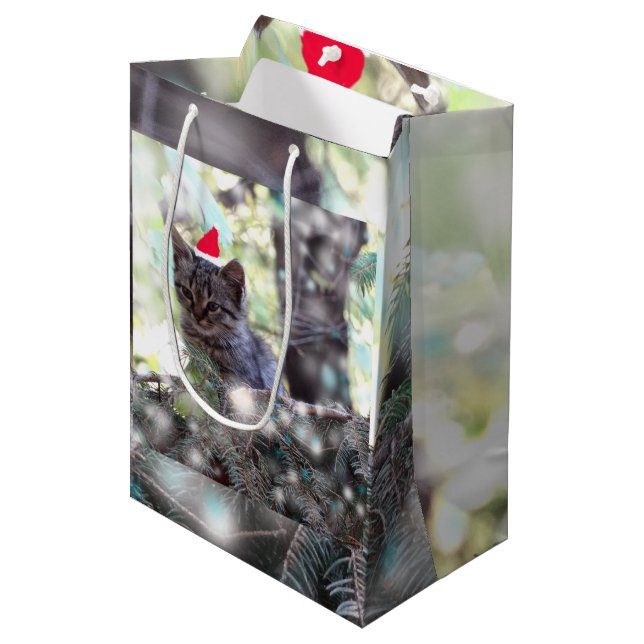 Kätzchen Weihnachtszeit Geschenktasche - Mittel, M Mittlere Geschenktüte (Vorderseite Schrägansicht)