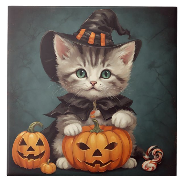 Kätzchen zu Halloween Kostüm und Jack-O'-Lantern Fliese (Vorderseite)