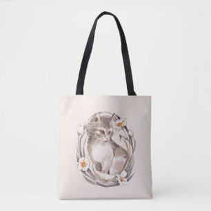 Katze 1. Graue, flauschige Kätzchen und Blume Tasche