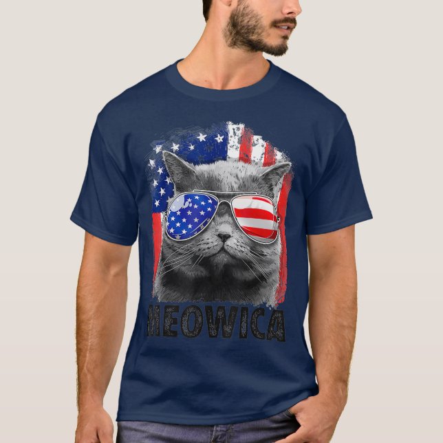 Katze 4. Juli Meowica Merica Men USA Flag T-Shirt (Vorderseite)
