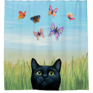 Katze 606 schwarze Katze mit Schmetterlingen Natur Duschvorhang