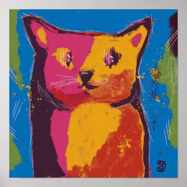 Katze, abstrakte digitale Malerei, helle Farben Poster (Vorne)