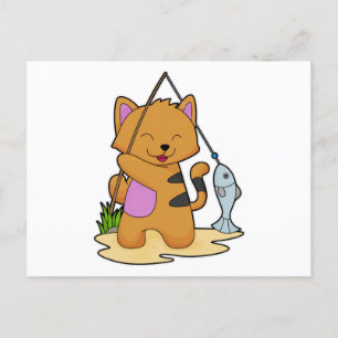 Katze als Angler mit Angelrute und Fisch Postkarte