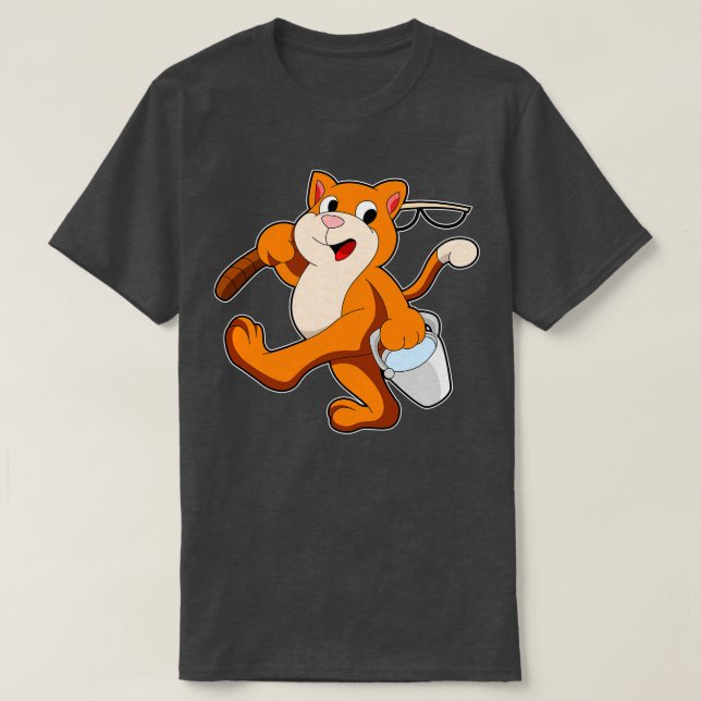 Katze als Angler mit dem Eimer der Angelrute T-Shirt (Design vorne)