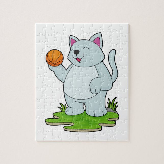 Katze als Basketballspieler mit Basketball (Vertikal)