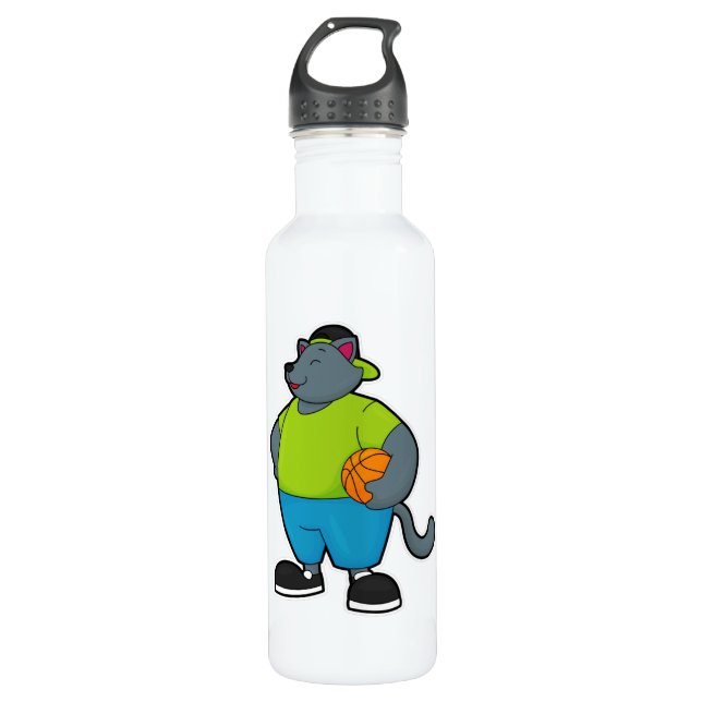 Katze als Basketballspieler mit Basketball Edelstahlflasche (Vorderseite)