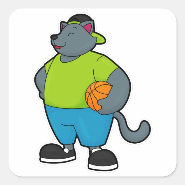 Katze als Basketballspieler mit Basketball Quadratischer Aufkleber (Vorderseite)