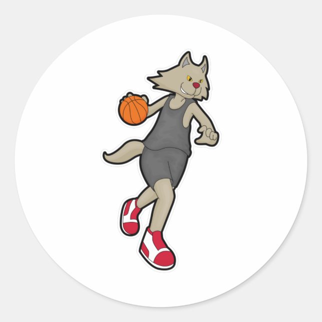 Katze als Basketballspieler mit Basketball Runder Aufkleber (Vorderseite)