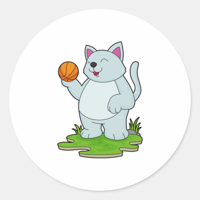 Katze als Basketballspieler mit Basketball Runder Aufkleber (Vorderseite)