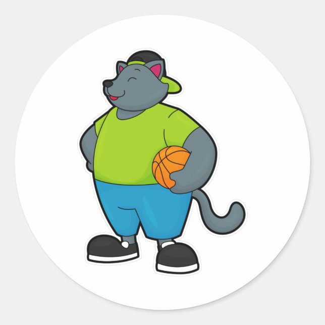 Katze als Basketballspieler mit Basketball Runder Aufkleber (Vorderseite)